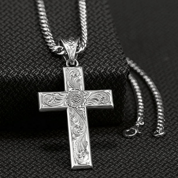 Large Silver & Gold Grid-Style Cross Pendant Polished Men’s Necklace 